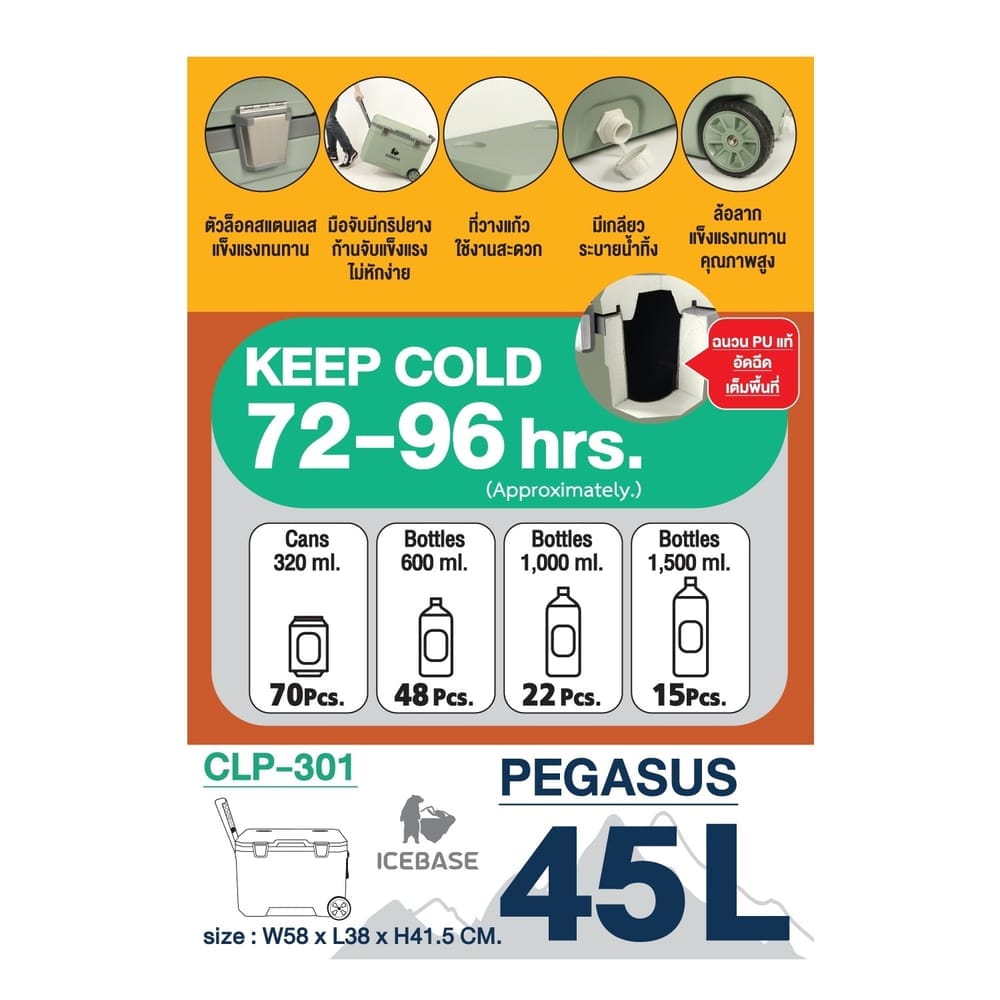 กระติกน้ำแข็งเก็บความเย็น ICEBASE รุ่น CLP-301/GN (PEGASUS) ขนาด 45 ลิตร สีเขียว